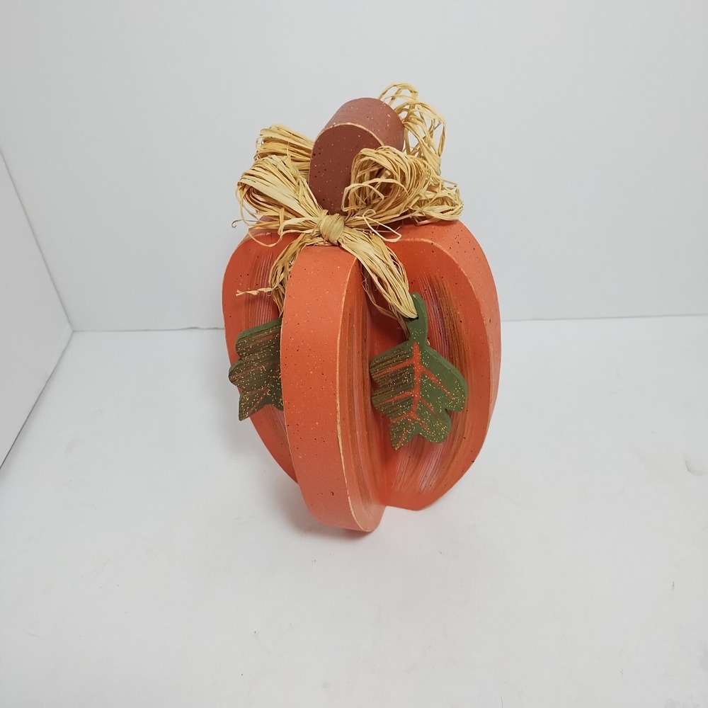 4 Sided 3D Wood Pumpkin W/ Green Wood Leaves HandPainted Orange Green Fall Decor